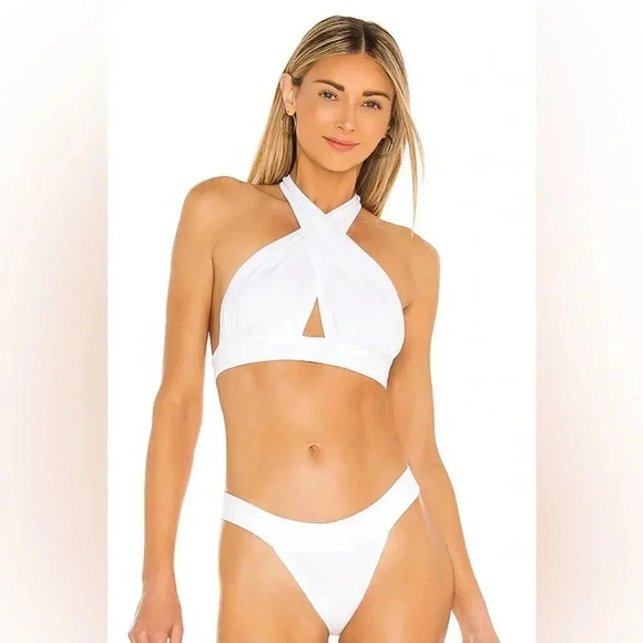 Norma Kamali Cross Halter Bikini Top Sz S in White - Picture 1 of 5